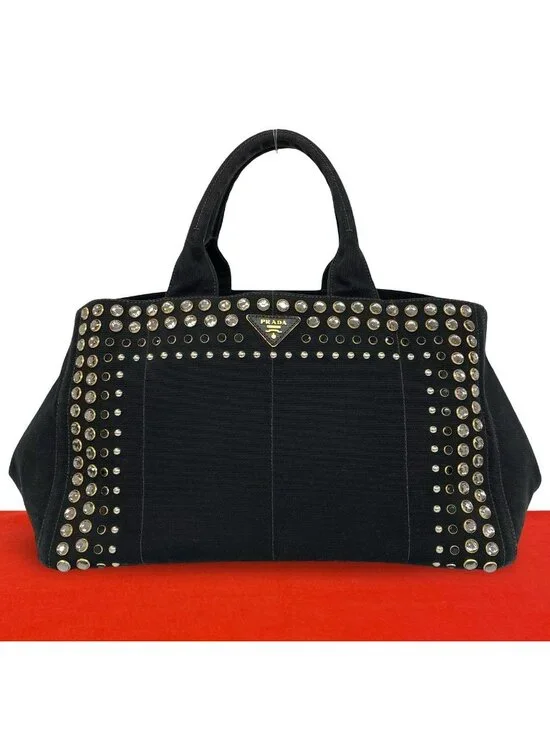Prada Canapa Triangle Logo Canvas Saffiano Leather Studs Tote Handbag Black