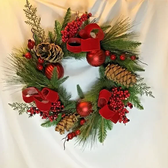 Christmas Wreath with Greenery,  Pine Cones, and Red Ornaments Artificial