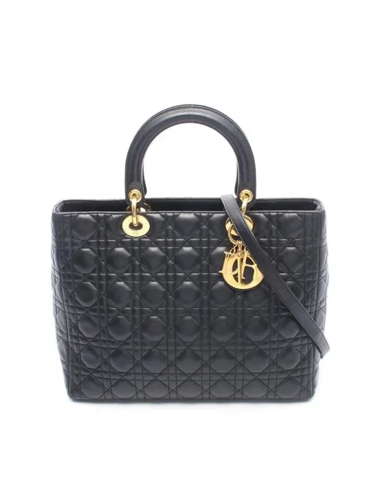 Dior Lady Dior Large 2-Way Black Leather Lady Dior Tote Bag