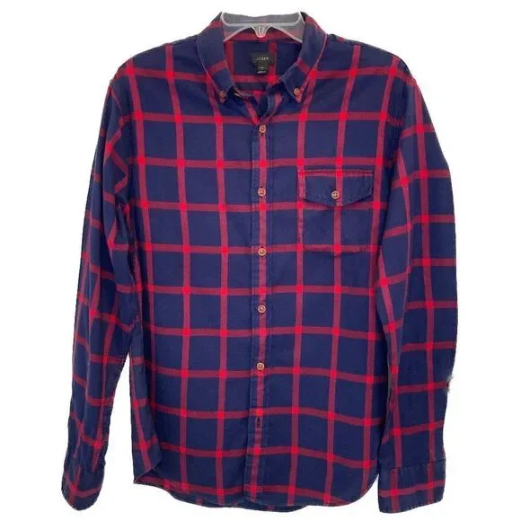 J. Crew Red Navy Kory Check Brushed Twill Cotton Shirt Size Medium