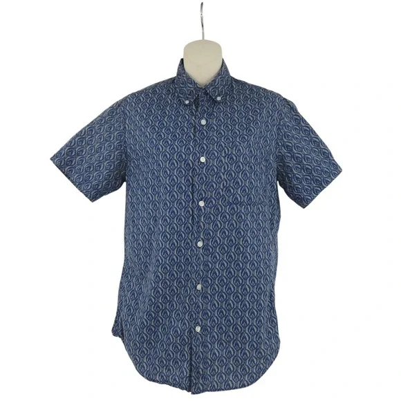 JCrew Mens XS Blue Ikat Print Short Sleeve Button Down Shirt‎ Preppy Classic