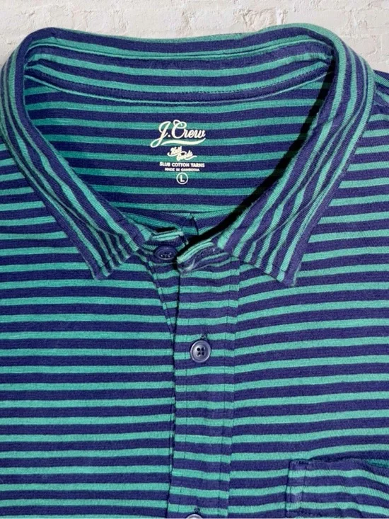 J.Crew Slub Cotton Stripe Button Front Shirt Men’s Large Blue Green Long Sleeve