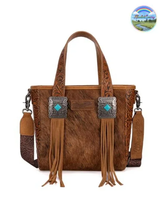 Western Tooled Cowhide Tote Handbag with Fringe & Turquoise Concho