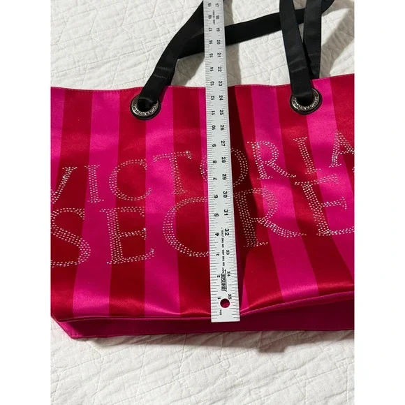 Victoria's Secret Pink Red Stripe Tote Bag Rhinestone Logo‎