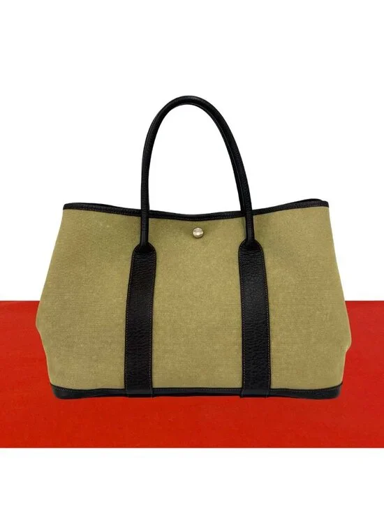 Hermes Garden Party PM Toile Officier Buffalo Leather Tote Handbag Khaki Brown