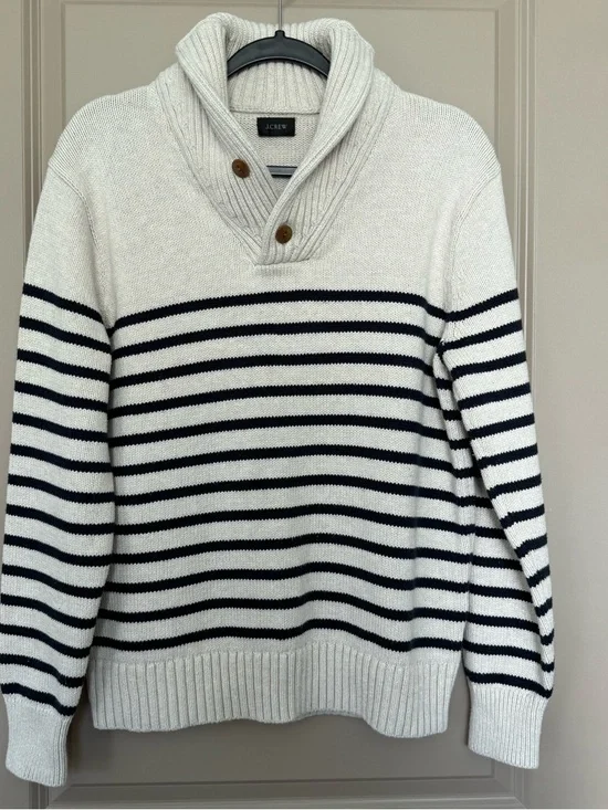 J. Crew Cream and Navy Striped Shawl-Collar Turtleneck Sweater