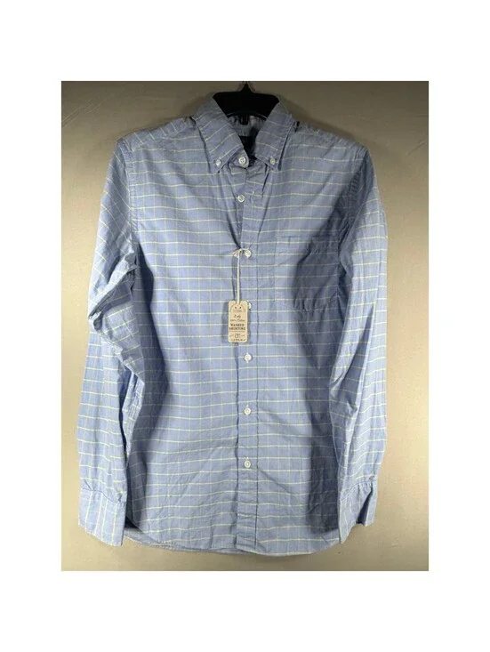 J.Crew Mens XS Blue Yellow Grid 2-Ply 100% Cotton Washed Shirting Button Down