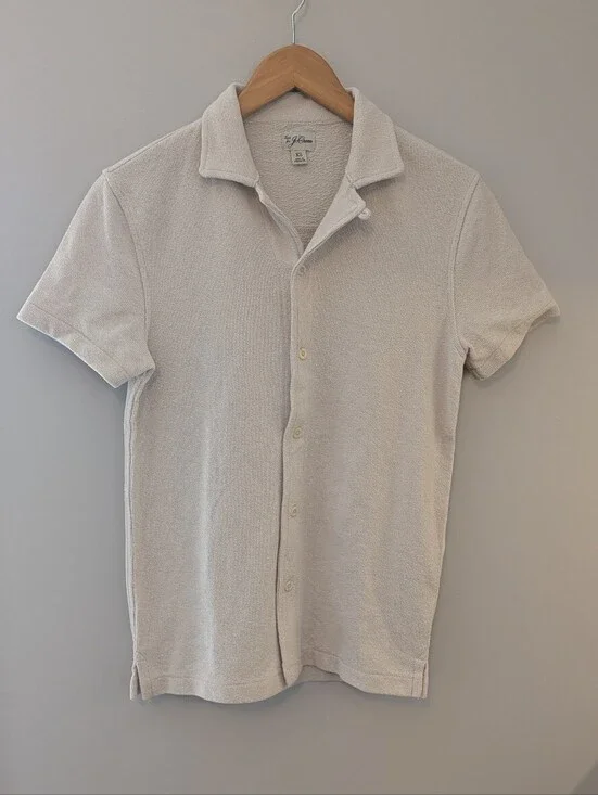 NWOT J.Crew Terry Camp Collar Button Shirt Cream Ivory Men's XS
