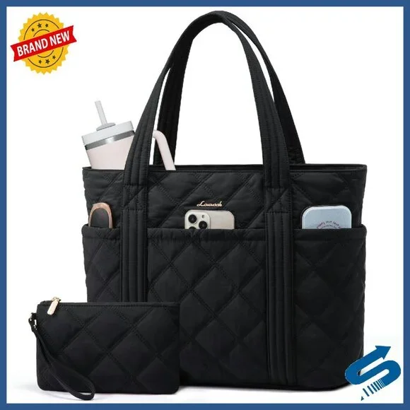 Quilted Puffer Tote Bag with 11 Pockets for Work Travel Laptop