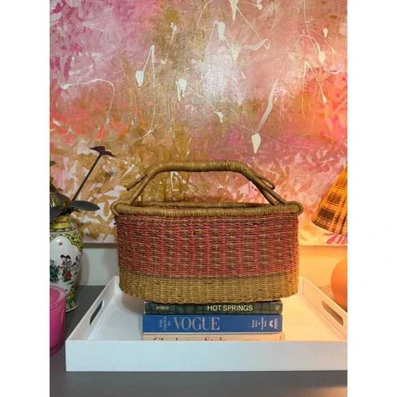 Handmade Woven Basket Bag Women Medium Tan Red Y2K Boho Rustic Straw Tote