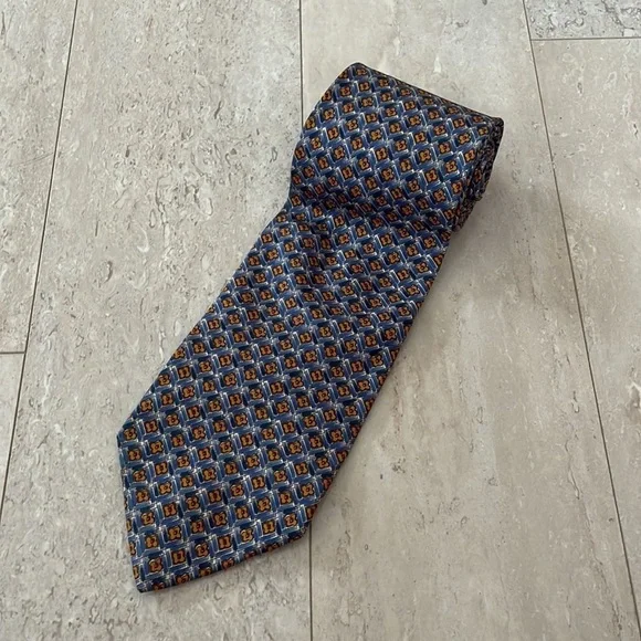 J. Crew Floral Plaid 100% Silk Suit Tie Blue Golden Yellow Cocktail Party
