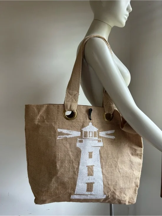 Beige Jute Lighthouse Tote — Casual Beach Canvas Bag