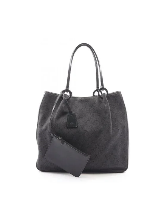 Gucci Tote Bag GG Pattern Black Canvas Leather