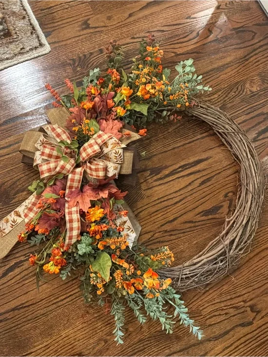 Autumn Orange & Green Grapevine Wreath with Plaid Ribbon