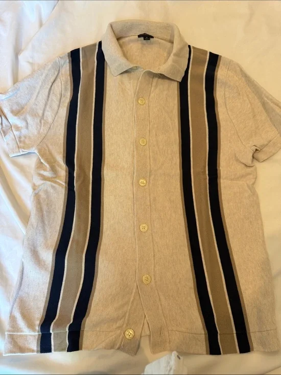 J. Crew Beige Short-Sleeve Button Shirt with Navy & Tan Stripes