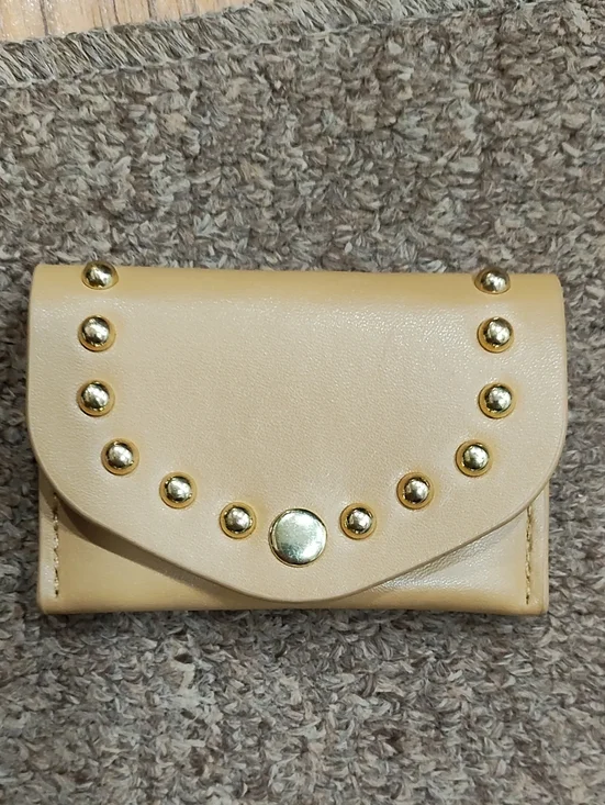 Beige Studded Mini Faux Leather Wallet
