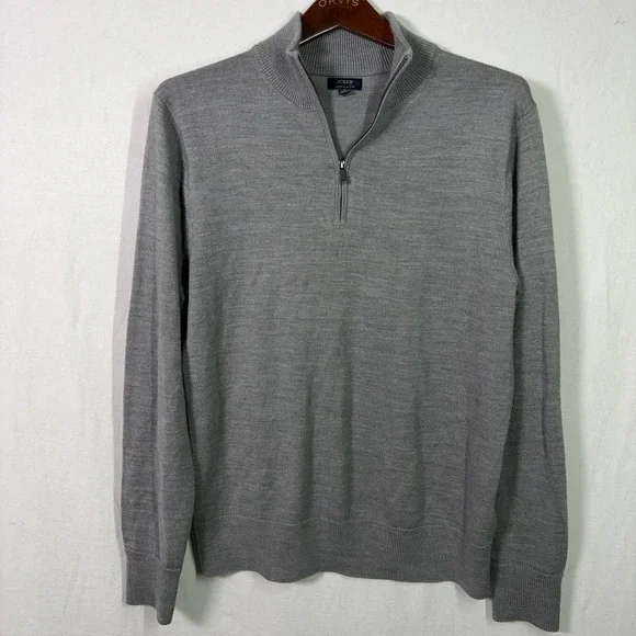 J Crew Mens Grey ‎ Merino Wool Blend Quarter Zip Washable Sweater Medium