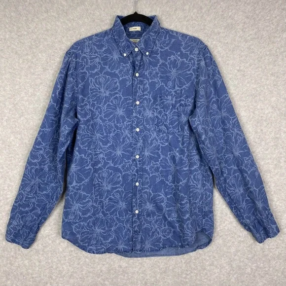 J. Crew Shirt Mens M Blue Floral 100% Linen Long‎ Sleeve Button Down Slim Fit