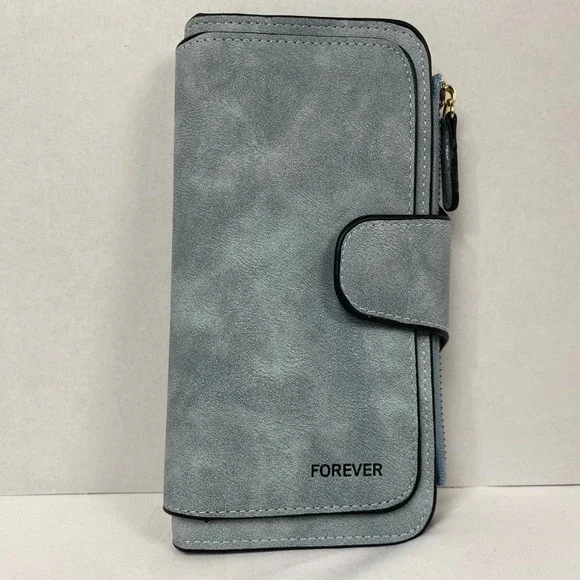 Womens Wallet Blue Faux Suede Bifold Zip Around Multi Card Holder ID Window NWT‎