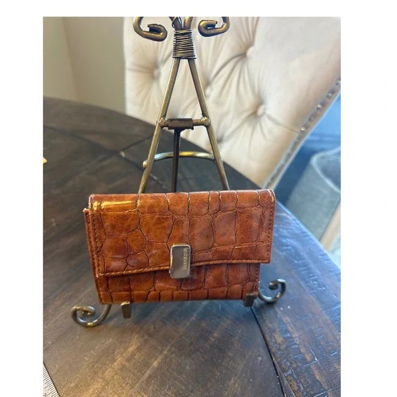 Liz Claiborne‎ Brown Crocodile Embossed Trifold Wallet Plaid Lining Cognac VGUC
