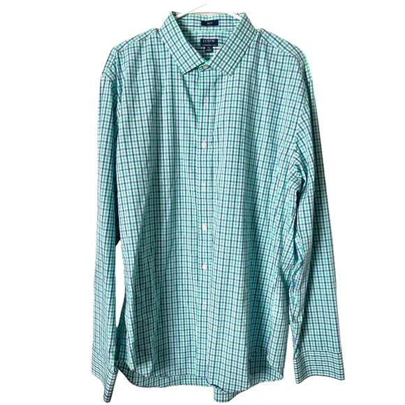 J. Crew Slim Fit Flex Wrinkle Free‎ Blue Green Check Button Down Shirt XL