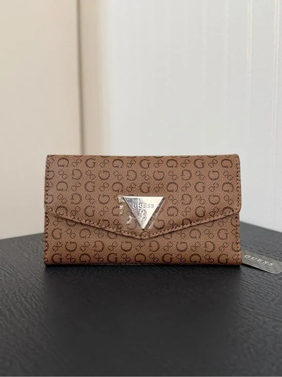 GUESS Brown Monogram Continental Wallet with Silver Triangle Logo