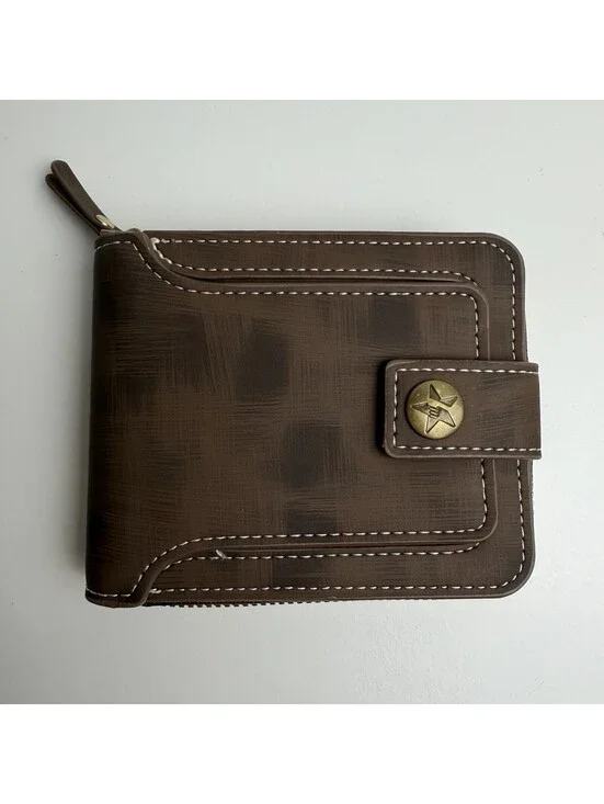 Western Brown Wallet Star Concho Zip Around Faux Leather Snap