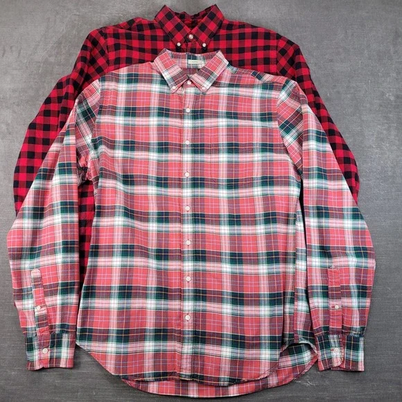 Lot of 2 J.Crew Y2K Mens LT Large Tall Plaid Oxford Button Down Shirts Red Multi