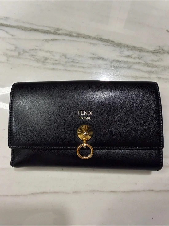 Fendi Black Leather Wallet with Gold Ring Accent