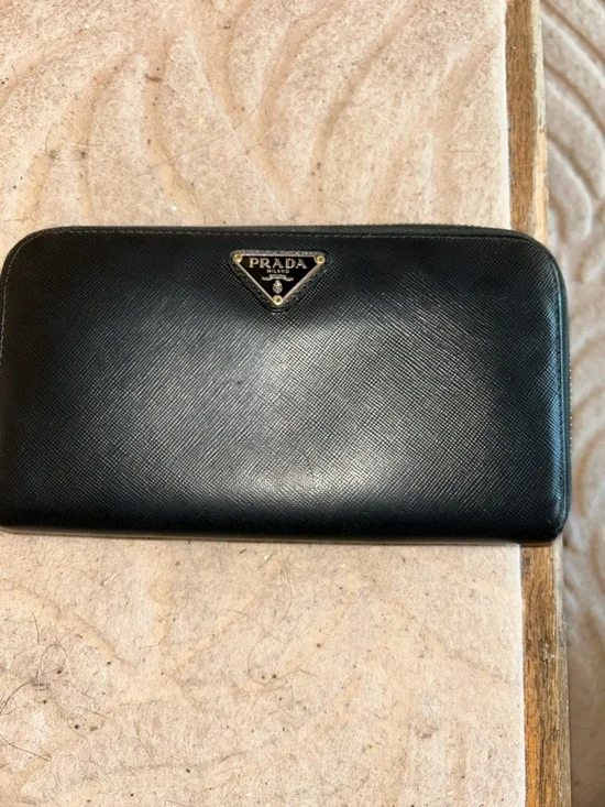Prada Black Saffiano Zip Wallet with Gold Logo