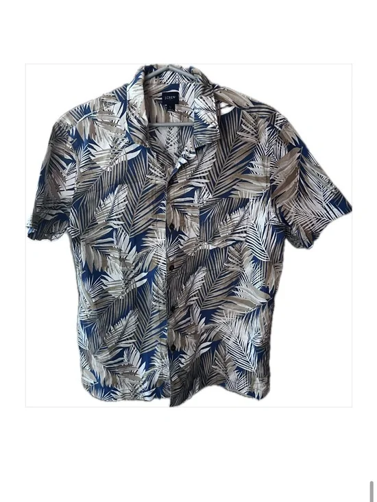 J.Crew Men’s LG Navy & Beige Palm-Print Short-Sleeve Button-Down Collared Shirt