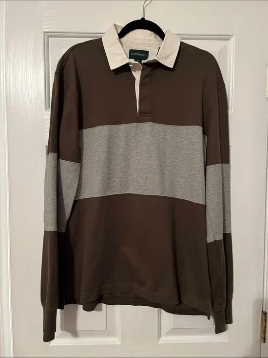 J. Crew Brown and Gray Long-Sleeve Rugby Shirt with White Collar