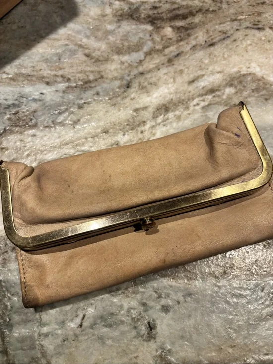 HOBO Beige/Tan Leather Frame Clutch with Gold-Tone Hardware