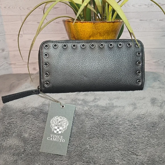 Vince Camuto Black Zip-Around Wallet with Eyelet Detail