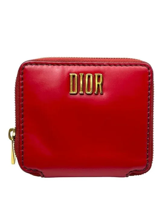 Dior Bifold Wallet Folding Zip Around Logo Leather Red Gold Compact Capacity