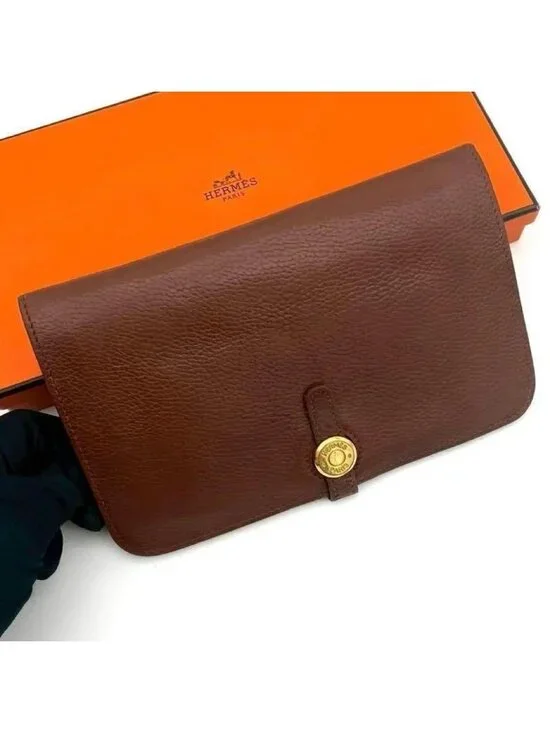 Hermes Dogon GM Togo Wallet Brown Silver Leather