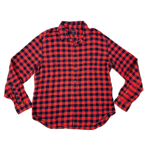 J. Crew Men's Comfy Flannel XL Red Navy Blue Buffalo Plaid Button Up #1686