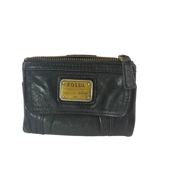 Fossil Long Live Vintage 1954 Emory Black Leather Lambskin Clutch Wallet Bifold