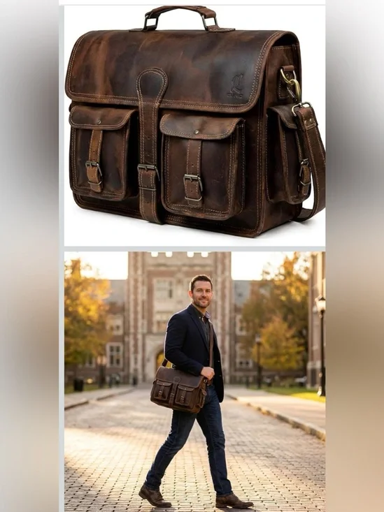 Men’s Dark Brown Leather Briefcase with Front Pockets