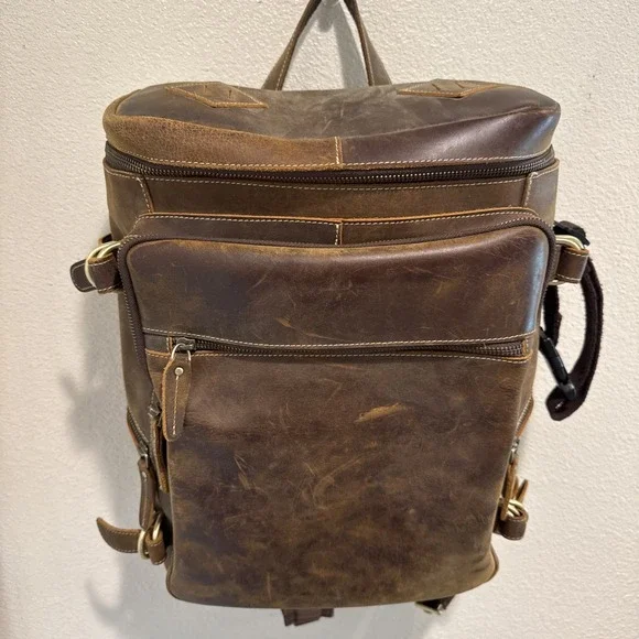 Leather Bag Laptop Backpack Genuine Rucksack Vintage Travel Men's Brown 13x14