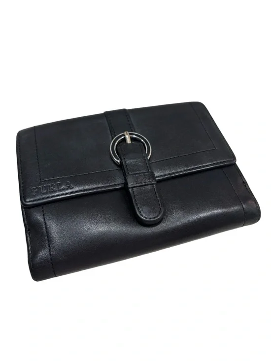 Vintage Furla Black Genuine Leather Bifold Wallet Silver Ring Hardware