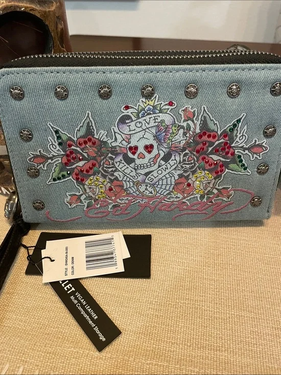 Ed Hardy Love Kills Light Blue Denim Skull Floral Stud Zip Wristlet Wallet