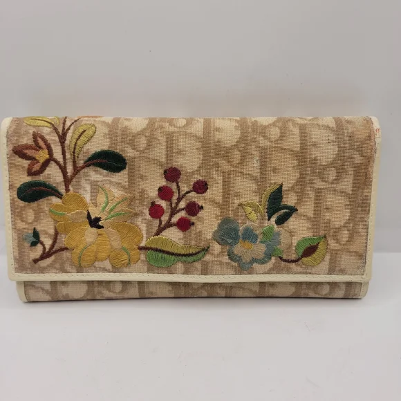 Dior Tan and Yellow Wallet with Floral Embroidery