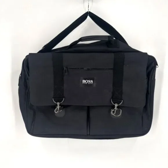 Hugo Boss Men’s Canvas Adjustable Strap Pockets Messenger Laptop Bag Black Large