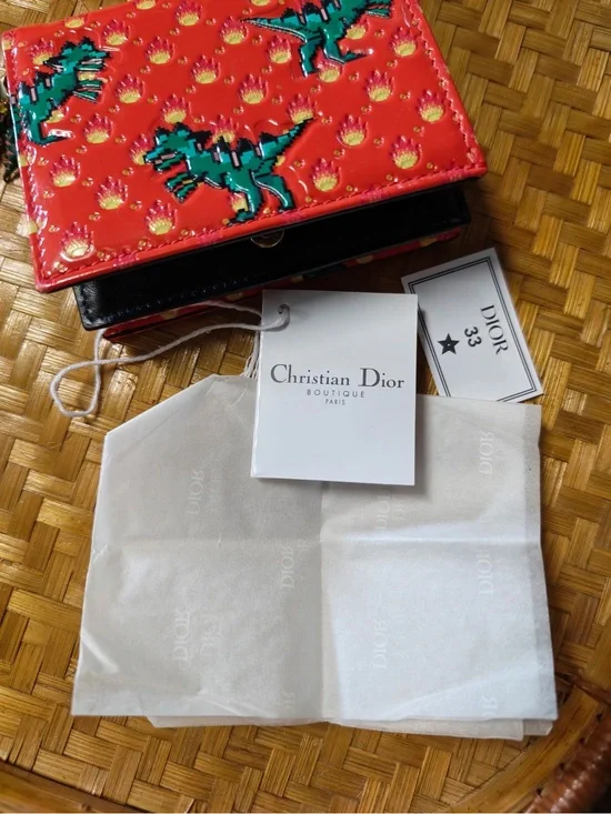 Dior Red Patent Wallet with Green Dinosaur Motif