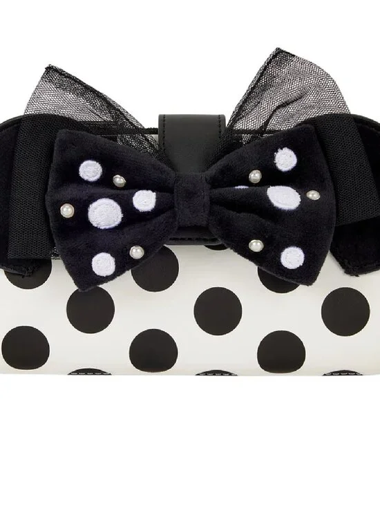 Loungefly Disney Minnie Mouse Polka Dot Pearl Wallet Black White Bow Accent New