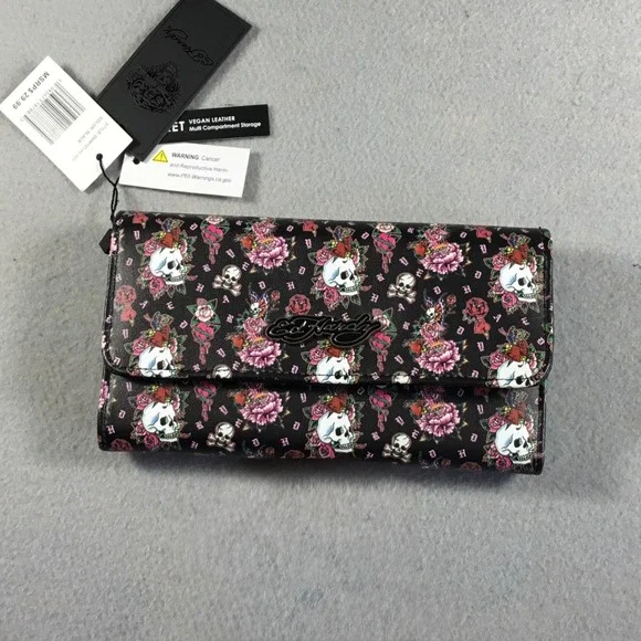 Ed Hardy Blk Skull Rose Tattoo Print Vegan Leather Tri-Fold Wallet EHW191-42-003