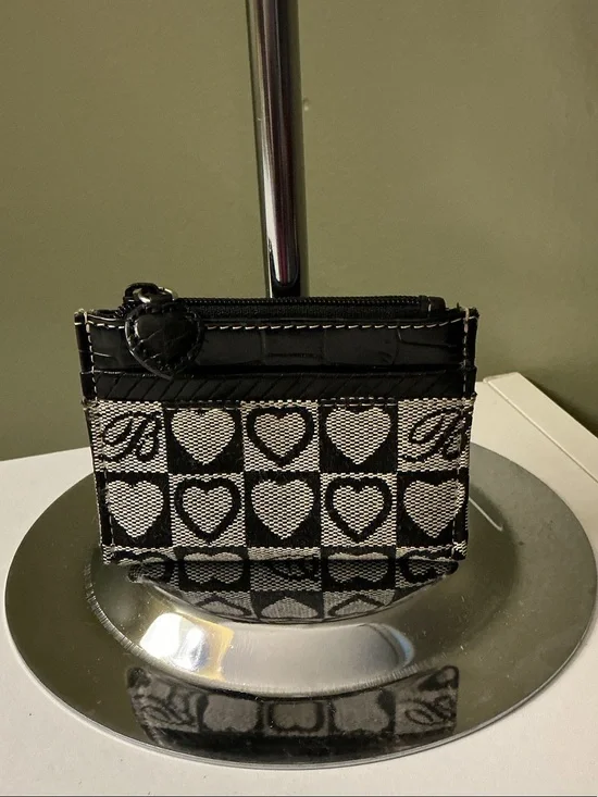 Brighton Black & White Heart Jacquard Card Wallet Heart Zipper Pull EUC