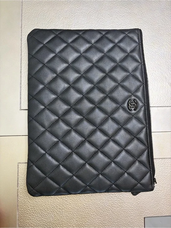 CHANEL Black Quilted Leather Laptop Pouch with CC Emblem