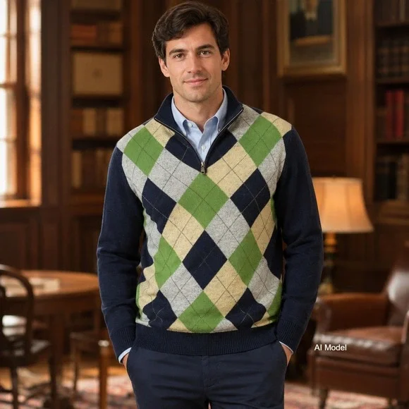 J Crew Lambswool Argyle Sweater Mens Medium 1/4 Zip Blue Preppy Academia